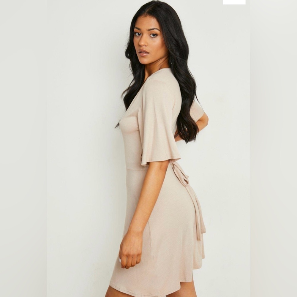 Stone Colored Wrap Over Dress - Picture 2 of 4